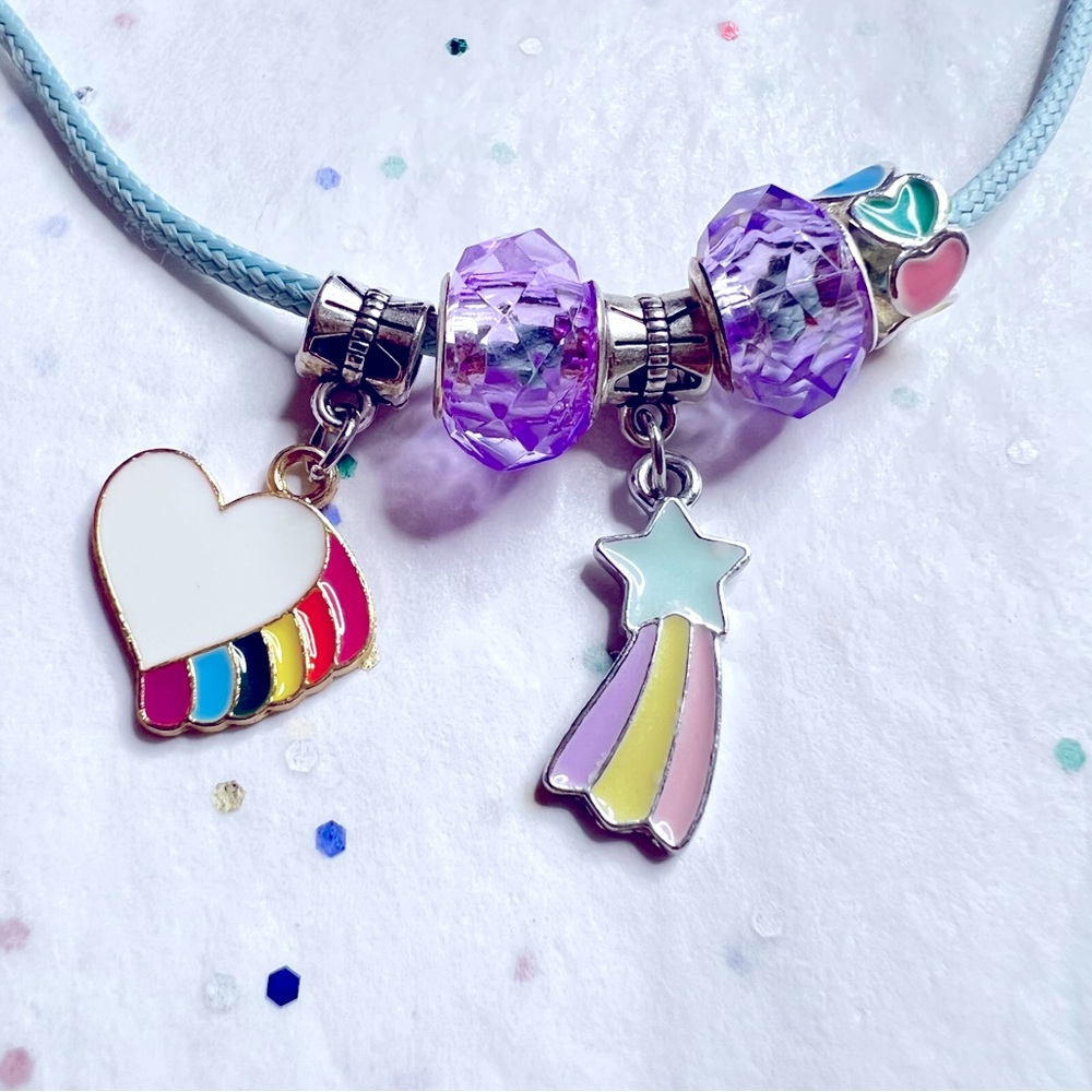 NEW HEARTS RAINBOWS & SHOOTING STARS CHARM NECKLACE WITH BLUE CORD